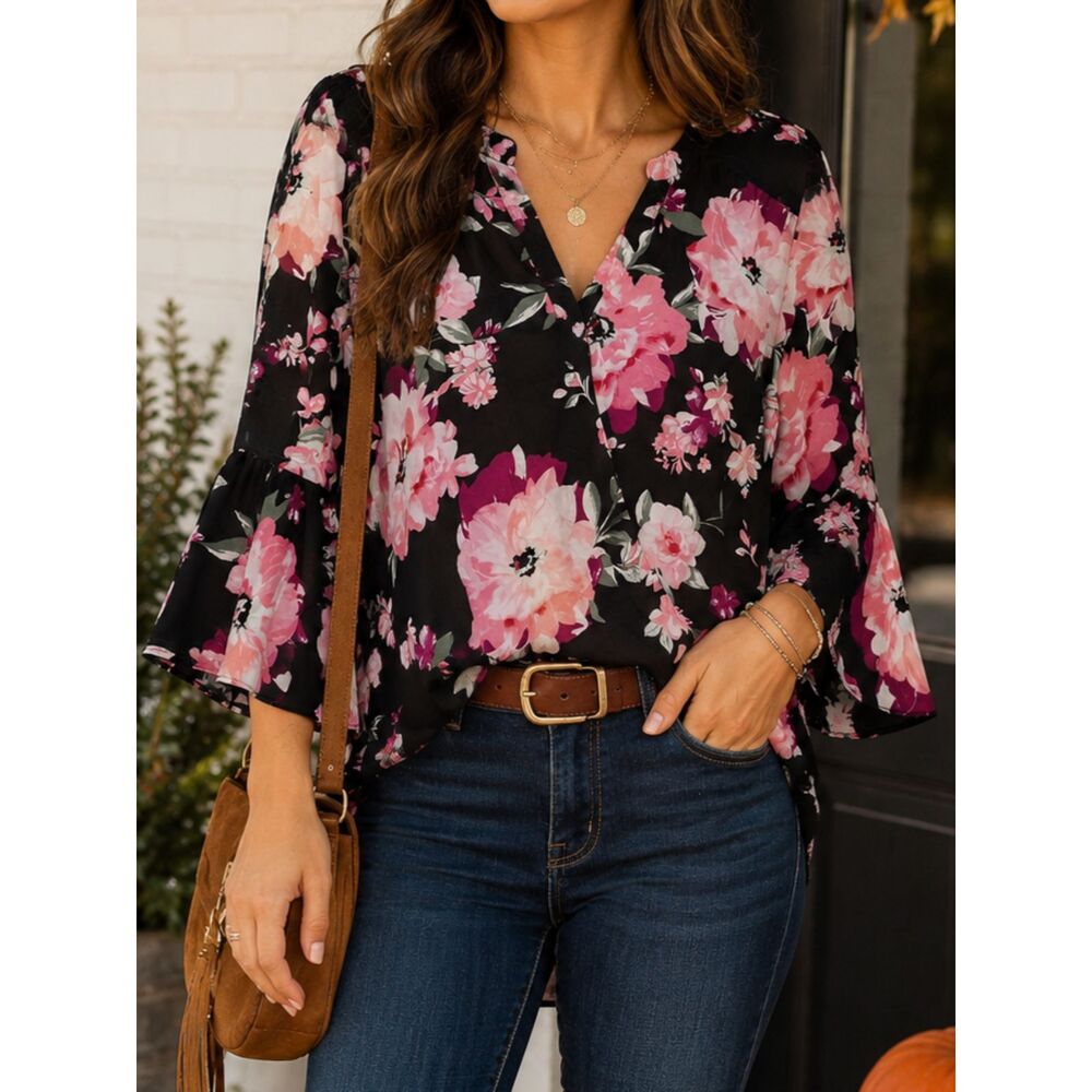 INC International Concepts Black Pink Floral Bell Sleeve Blouse Top Medium Boho